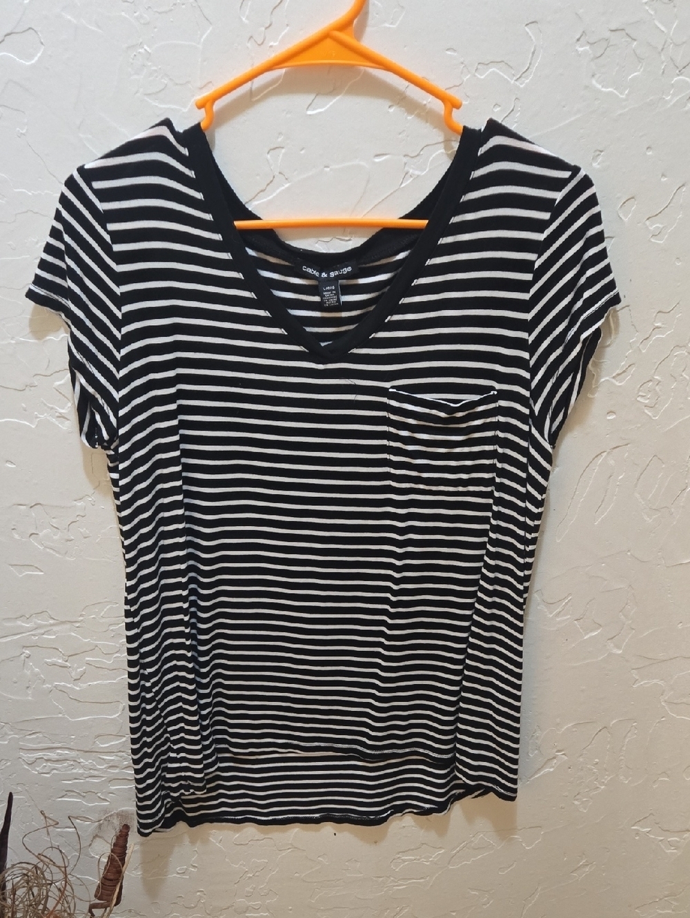 3/$10 Cable & Gauge Black and White Striped V-Neck Pocket Tee